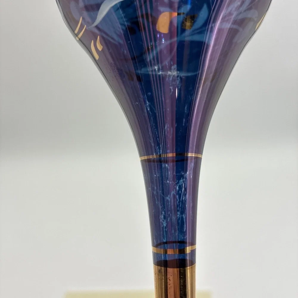 Vintage Purple Iridescent Hand Blown Glass Teardrop Ornament Gold Floral 8.5
